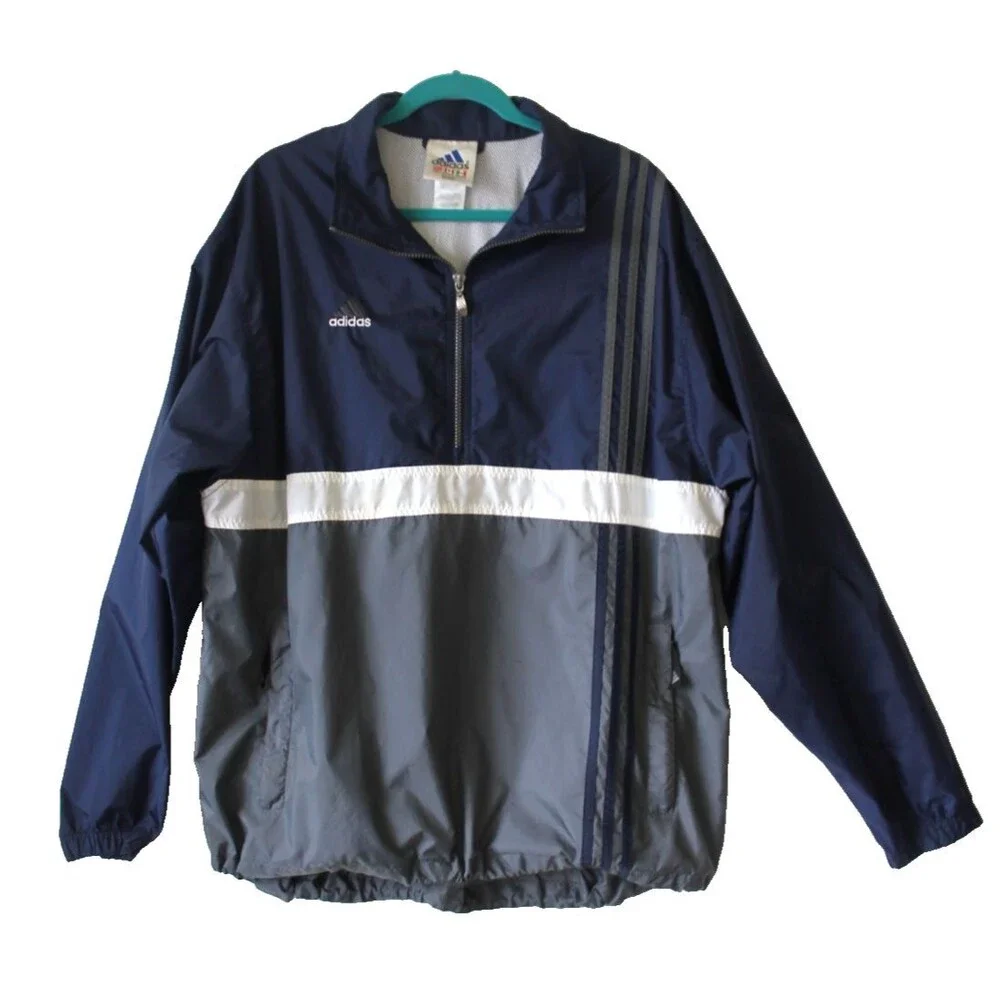 Adidas Jacket Men's L Navy Gray Half Zip Pullover Windbreaker Retro 90s Style